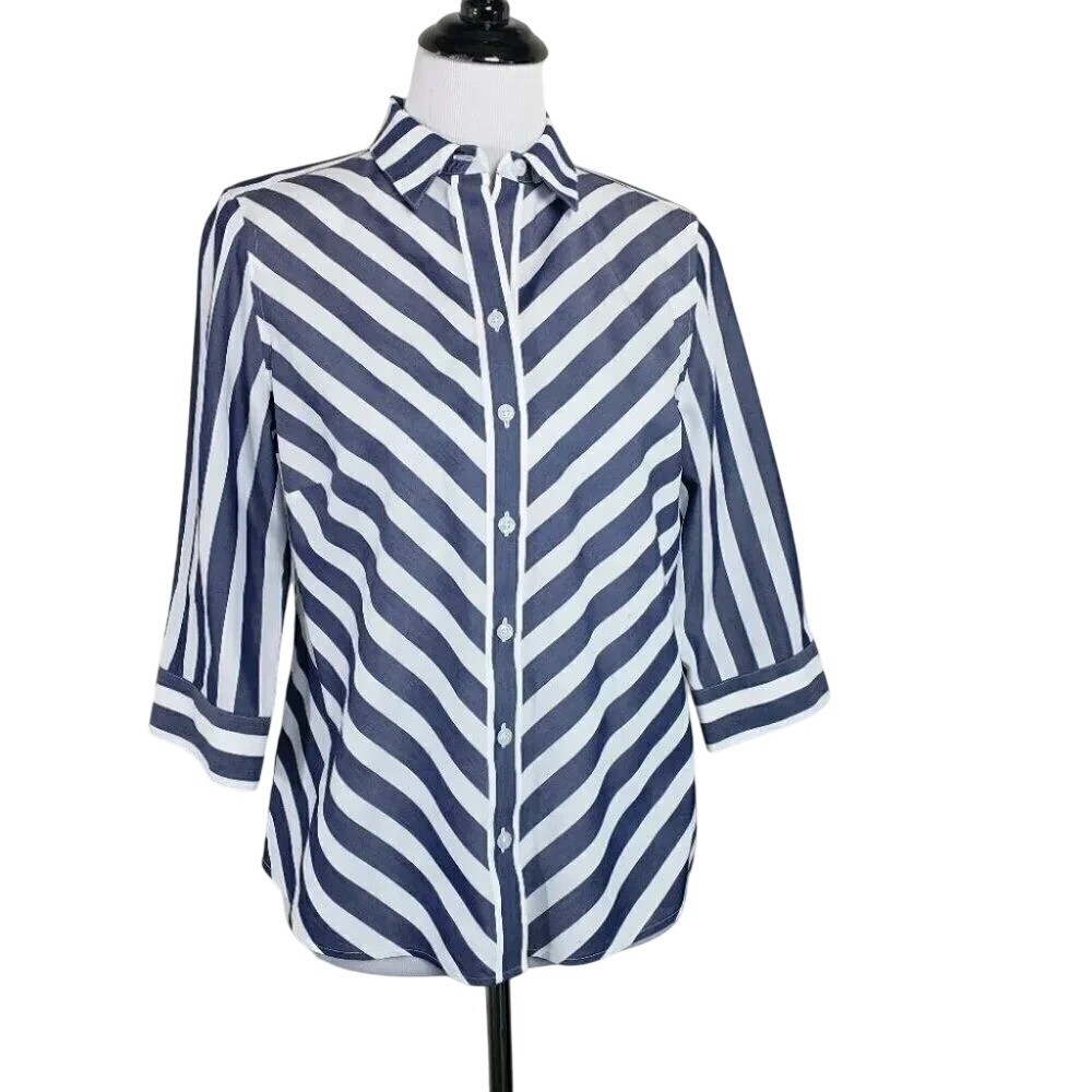 Chico's Button Down Shirt 0P Blue White Striped No-Iron Stain Shield 3/4 Sleeve